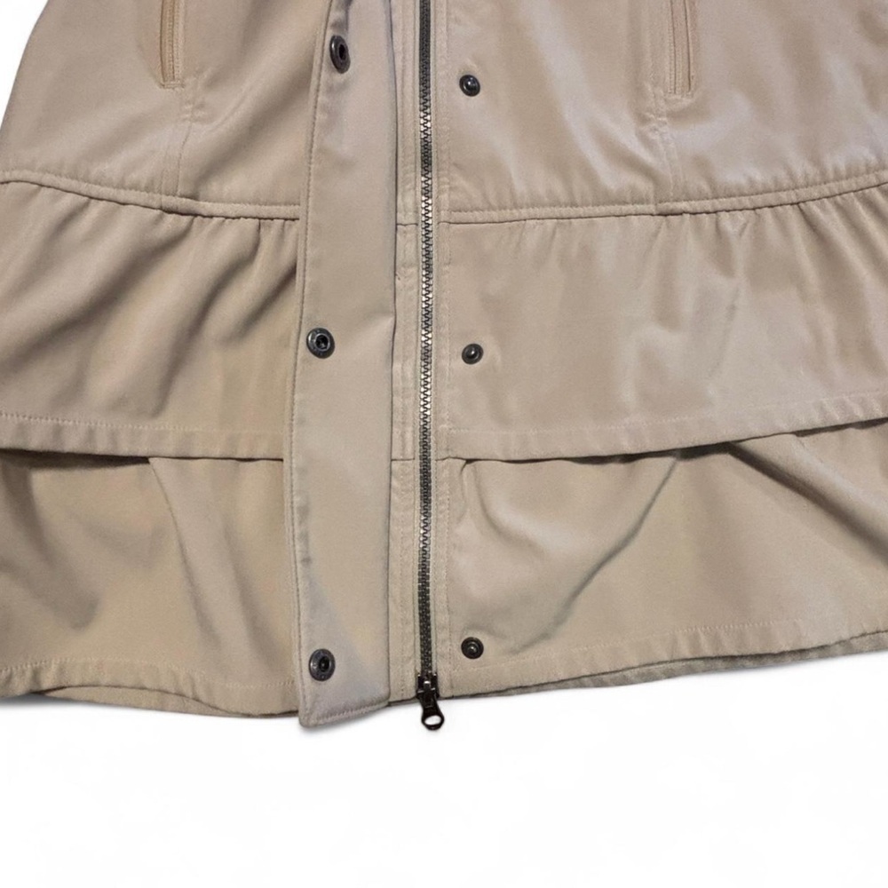 Athleta Shelter Cove Rain Jacket Sz S Beige Ruffle Long Soft Shell Hooded Trench - Picture 6 of 8